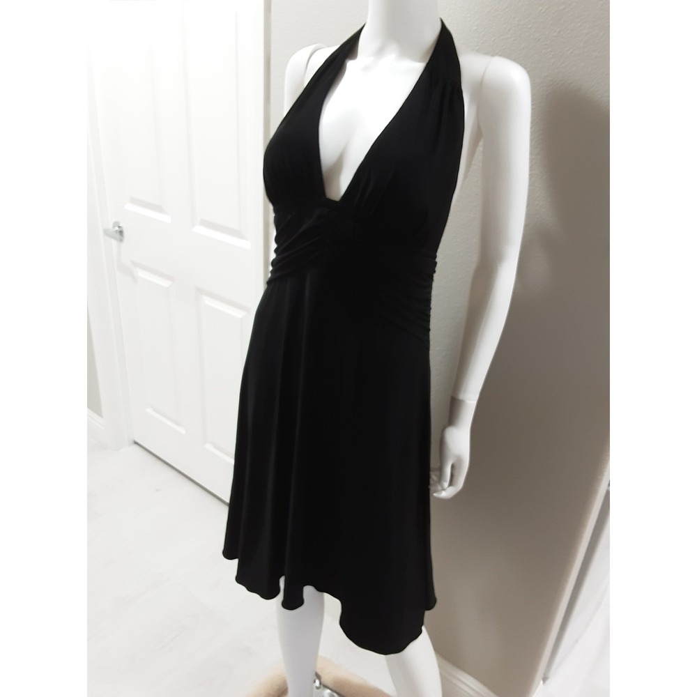 White House Black Market Dress Black Halter Evening size 12 Ruched Waist Short
